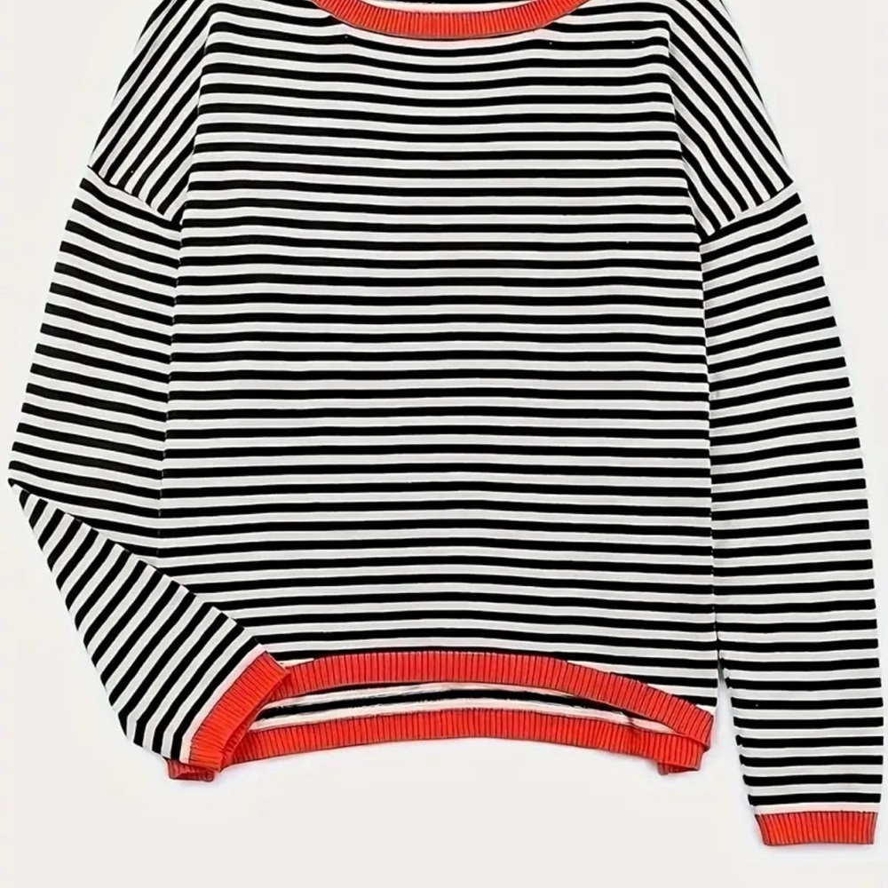 Striped Black and White Sweater with Red Accents